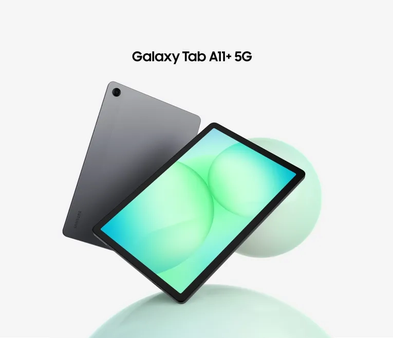 Dark gray Samsung Galaxy Tab A11+ tablet shown front and back on a light surface